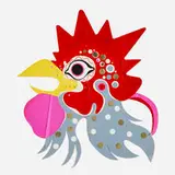 Charles and Ray Eames, Rare Rooster mask, c. 1950, screenprint in colors with hand-applied details and foil