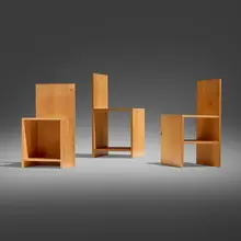 Donald Judd, Low Shelf Chair 84-5, Open Side Chair 84-9, and Side Shelf Chair 84-10, 1978 / 2001, pine