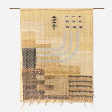 Loja Saarinen, Rare and Important tapestry, c. 1940, woven linen on cotton backing, wood hanging rod
