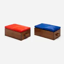 Cube stools from Nursery school II, Chandigarh, pair by Pierre Jeanneret, c. 1955-56, teak, hide, sold Jun 2026