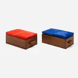 Cube stools from Nursery school II, Chandigarh, pair by Pierre Jeanneret, c. 1955-56, teak, hide, sold Jun 2026