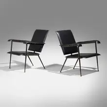 attribution Jacques Adnet, Lounge chairs, pair, c. 1950, saddle-stitched leather, iron, brass