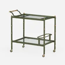 attribution Jacques Adnet, Bar cart, c. 1950, saddle-stitched leather, enameled steel, brass, glass
