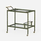 attribution Jacques Adnet, Bar cart, c. 1950, saddle-stitched leather, enameled steel, brass, glass