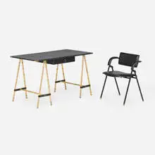 attribution Jacques Adnet, Desk and folding chair, c. 1955, saddle-stitched leather over wood, enameled steel, brass