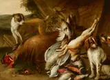 Baldassare de Caro, A still life with dead game and two dogs in the foreground, oil on canvas