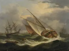 Thomas Luny, The Van Der Dort and other Dutch sailing vessels in choppy waters, oil on canvas