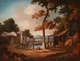 Anglo-Chinese School, Figures outside a hut in an extensive landscape, oil on canvas