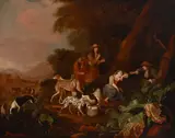 Adriaen Cornelisz Beeldemaker, A wooded landscape with hunters and their dogs gathered round a sleeping maiden, oil on canvas