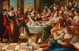 Venetian School, Figures feasting at a table, oil on canvas