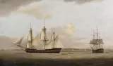 Francis Holman, A coastal view with frigates offshore, oil on canvas