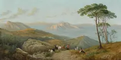 Francesco Paolo Michetti, A Mediterranean coastal scene with figures and goats in the foreground, oil on canvas