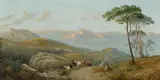 Francesco Paolo Michetti, A Mediterranean coastal scene with figures and goats in the foreground, oil on canvas