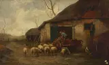 Charles Busson, A flock of sheep outside a stable, oil on canvas
