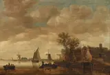 Jan van Goyen, A river scene with buildings and two windmills in the foreground, oil on cradled panel