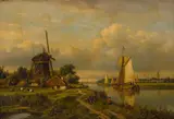 Lodewijk Johannes Kleijn, River scene with fishers on a bank and a windmill in the foreground, oil on panel