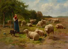 Cornelius Van Leemputten, A shepherdess with her flock, oil on canvas