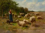 Cornelius Van Leemputten, A shepherdess with her flock, oil on canvas