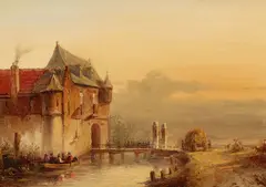 Petrus Gerardus Vertin, Infantrists on a bridge entering a castle, oil on panel