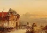 Petrus Gerardus Vertin, Infantrists on a bridge entering a castle, oil on panel
