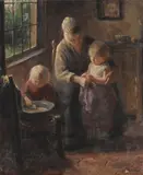 Bernard Jean Corneille Pothast, Mother and children in a cottage interior, oil on canvas