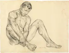 Sitzender männlicher Akt, die Knöchel umgreifend by Lotte Laserstein, Um 1923, Kohle auf Papier, sold Dec 2020