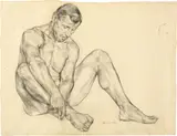 Lotte Laserstein, Sitzender männlicher Akt, die Knöchel umgreifend, Um 1923, Kohle auf Papier