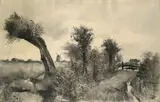 Lesser Ury, Holländische Weidelandschaft mit Windmühle, 1912, Kohle, gewischt, auf genarbtem Paper
