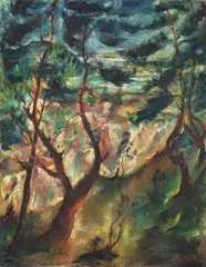 Wilhelm Kohlhoff, See hinter Bäumen, Um 1920, Öl auf Leinwand, mit Rupfen hinterlegt