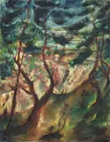 Wilhelm Kohlhoff, See hinter Bäumen, Um 1920, Öl auf Leinwand, mit Rupfen hinterlegt