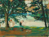 Julie Wolfthorn, Am See (Mark), Öl auf Pappe