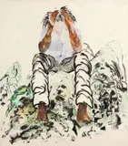 SEO, Selbstportrait, 2002, Aquarell und collagiertes Reispapier auf Leinwand