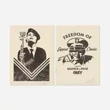 Freedom of Choice; Peace Guard 2 (two works from the Damaged series) by Shepard Fairey, 2017, letterpress, sold Jan 2026
