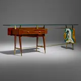 Leoncillo Leonardi, Rare console table, c. 1955, mahogany, glass, brass, glazed stoneware