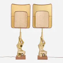 Richard Barr, Figural table lamps model H-766, pair, c. 1965, brass, walnut, fabric shades