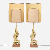 Richard Barr, Figural table lamps model H-766, pair, c. 1965, brass, walnut, fabric shades
