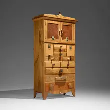 Tommy Simpson, Work, Food, Love, Rest cabinet, 2001, mahogany, walnut, various woods, tintypes, horsehair