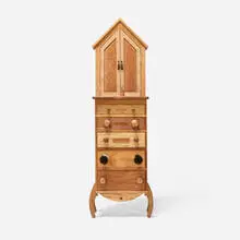 Tommy Simpson, House of Dreams chest of drawers, c. 1993, cherry, butternut, maple, lacewood, wenge, pear, mahogany, walnut, chestnut, olive, Ohio buckeye, spalted maple, California walnut, jack fruit, tar brushes, bubinga, padauk, sapwood, horsehair, bone, turquoise, leather, acrylic