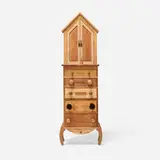 Tommy Simpson, House of Dreams chest of drawers, c. 1993, cherry, butternut, maple, lacewood, wenge, pear, mahogany, walnut, chestnut, olive, Ohio buckeye, spalted maple, California walnut, jack fruit, tar brushes, bubinga, padauk, sapwood, horsehair, bone, turquoise, leather, acrylic