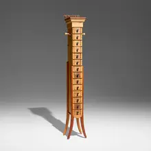 Tommy Simpson, Stacked chest of drawers, 1999, chestnut, butternut, lacewood, mahogany, vintage cream cheese boxes, horsehair