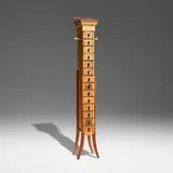 Tommy Simpson, Stacked chest of drawers, 1999, chestnut, butternut, lacewood, mahogany, vintage cream cheese boxes, horsehair