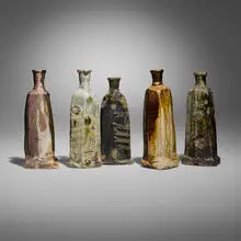 Jeff Shapiro, Collection of five bottles, glazed and wood-fired stoneware