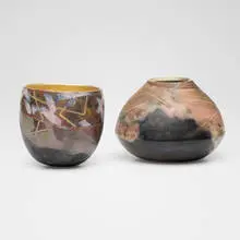 Bennett Bean, Vessels, set of two, c. 1990, pit-fired, painted, and gilt earthenware