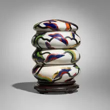 Ralph Bacerra, Stack of Four Boxes, c. 1975, glazed porcelain, wood
