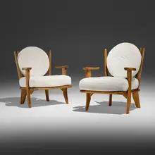 Catherine lounge chairs, pair by Robert Guillerme & Jacques Chambron, c. 1955, oak, upholstery, canvas webbing, sold Jun 2026