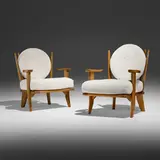 Robert Guillerme & Jacques Chambron, Catherine lounge chairs, pair, c. 1955, oak, upholstery, canvas webbing