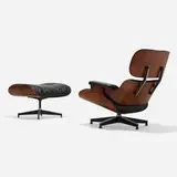 Charles and Ray Eames, 670 lounge chair and 671 ottoman, leather, walnut plywood, enameled aluminum