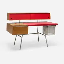 Home Office desk, model 4658 by George Nelson & Associates, 1946, walnut, chrome-plated steel, leather, perforated aluminum, sold Jun 2026