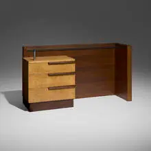 Gilbert Rohde, Vanity, model 3626, 1936, East Indian laurel, bird's-eye maple, glass, nickel-plated brass