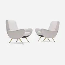 Marco Zanuso, Lounge chairs, pair, c. 1955, upholstery, brass